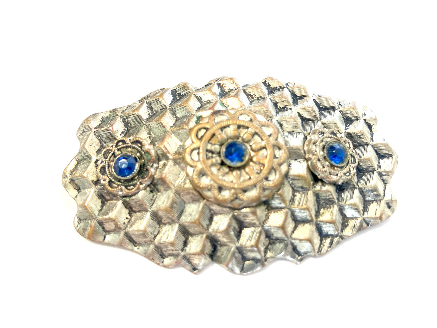 Vintage Silver-tone Brooch Honeycomb w/ Blue Stones