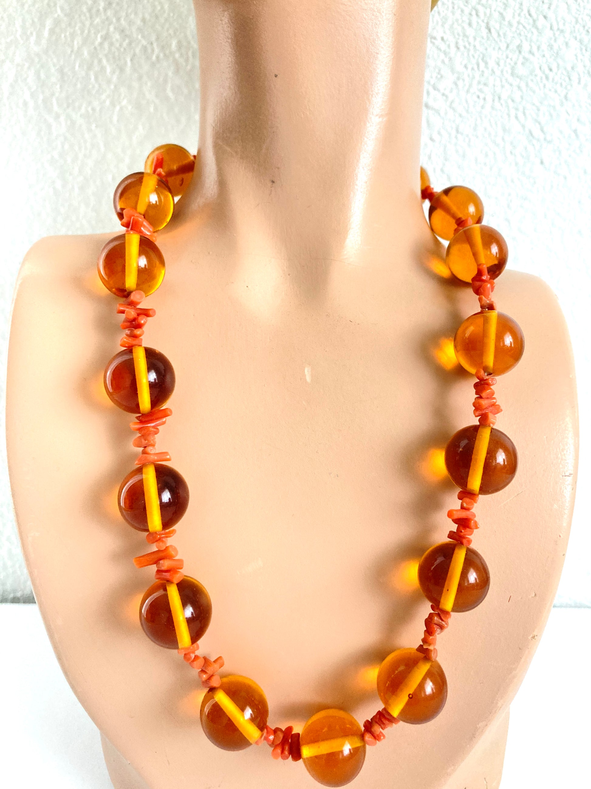 Antique Orange Glass and Coral Necklace