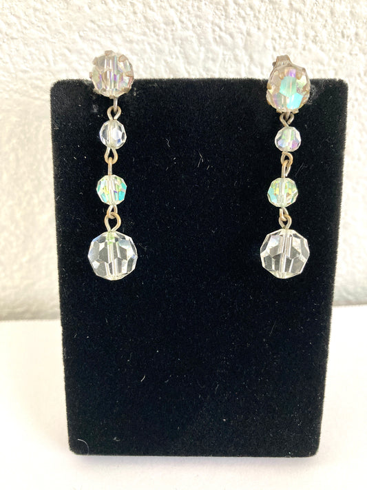 Vintage Aurora Borealis Crystal Cascade Drop Earrings Clip Ons