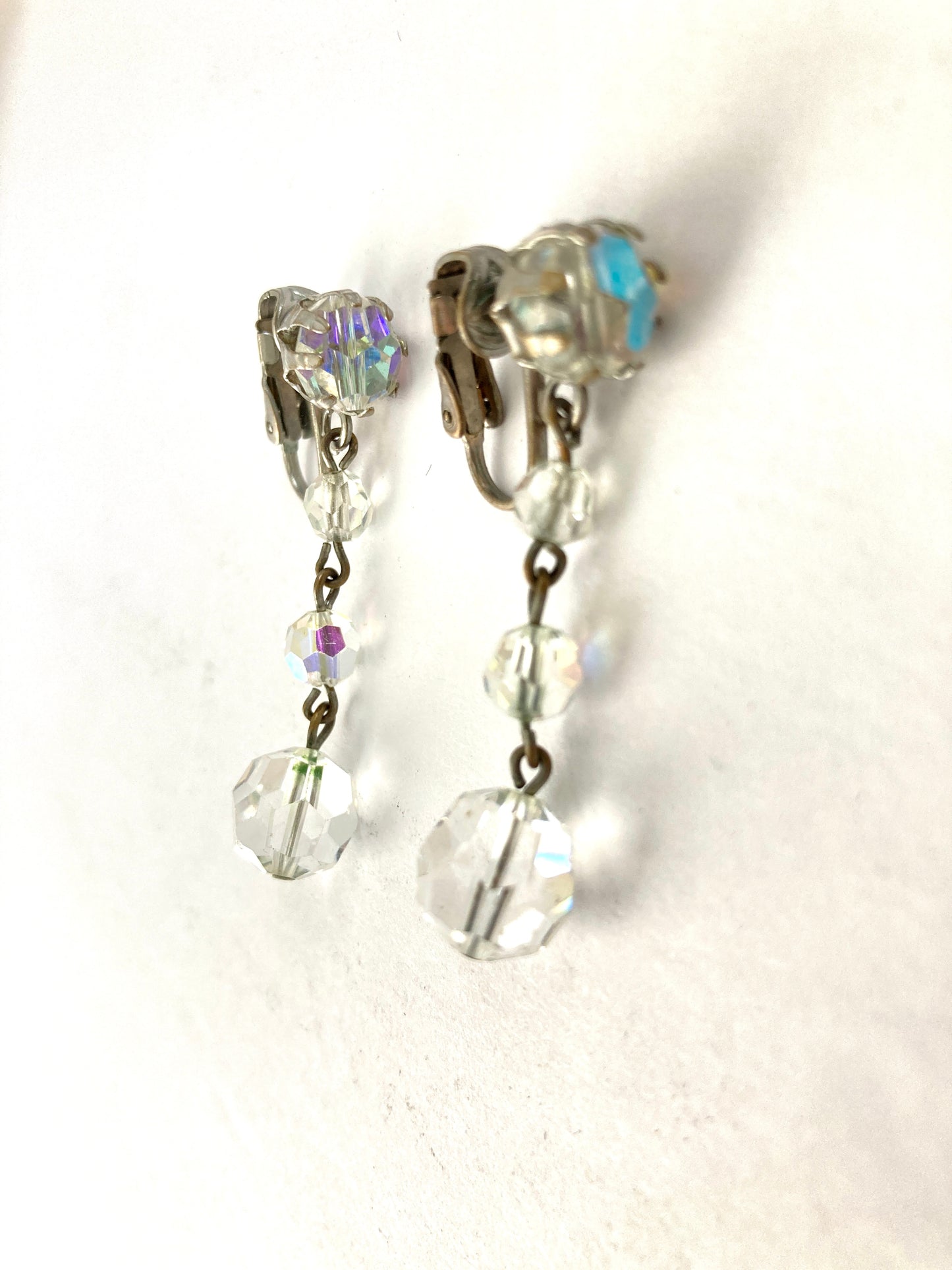 Vintage Aurora Borealis Crystal Cascade Drop Earrings Clip Ons
