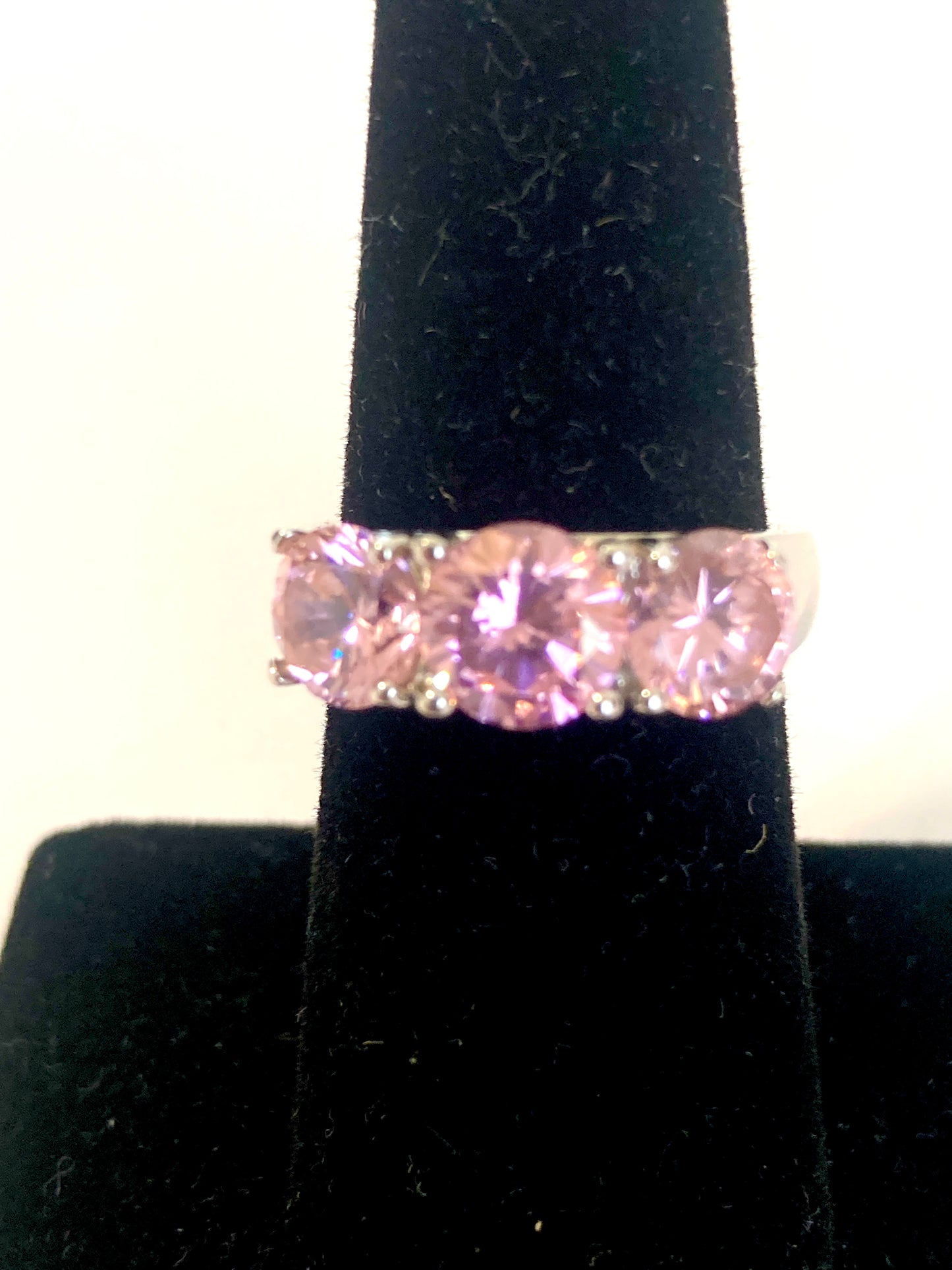 Pink 3 Stone Ring Rhodium Plated Silver Size 6 1/2