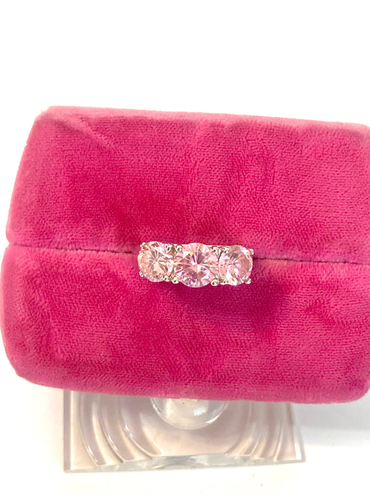 Pink 3 Stone Ring Rhodium Plated Silver Size 6 1/2