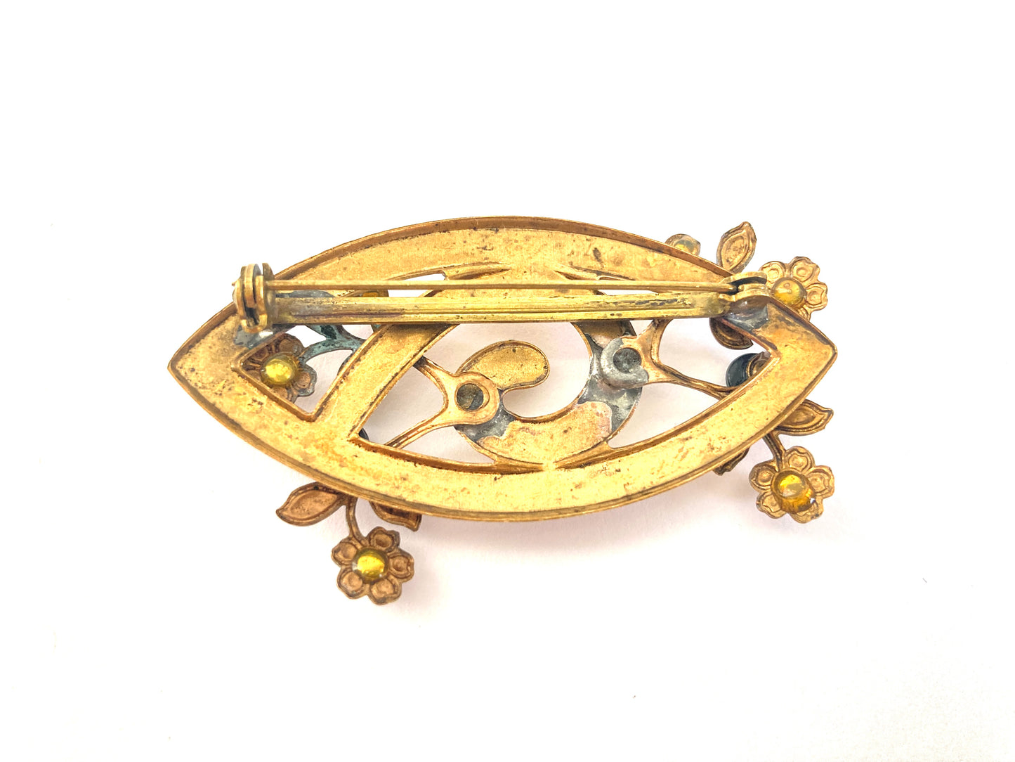 Antique stamped brass brooch with flowers