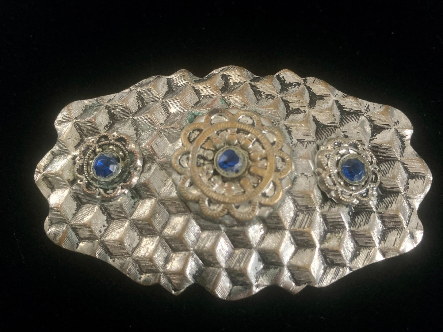 Vintage Silver-tone Brooch Honeycomb w/ Blue Stones
