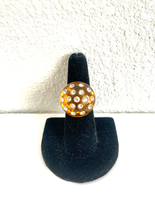 Amber Lucite and Rhinestone Bubble Ring