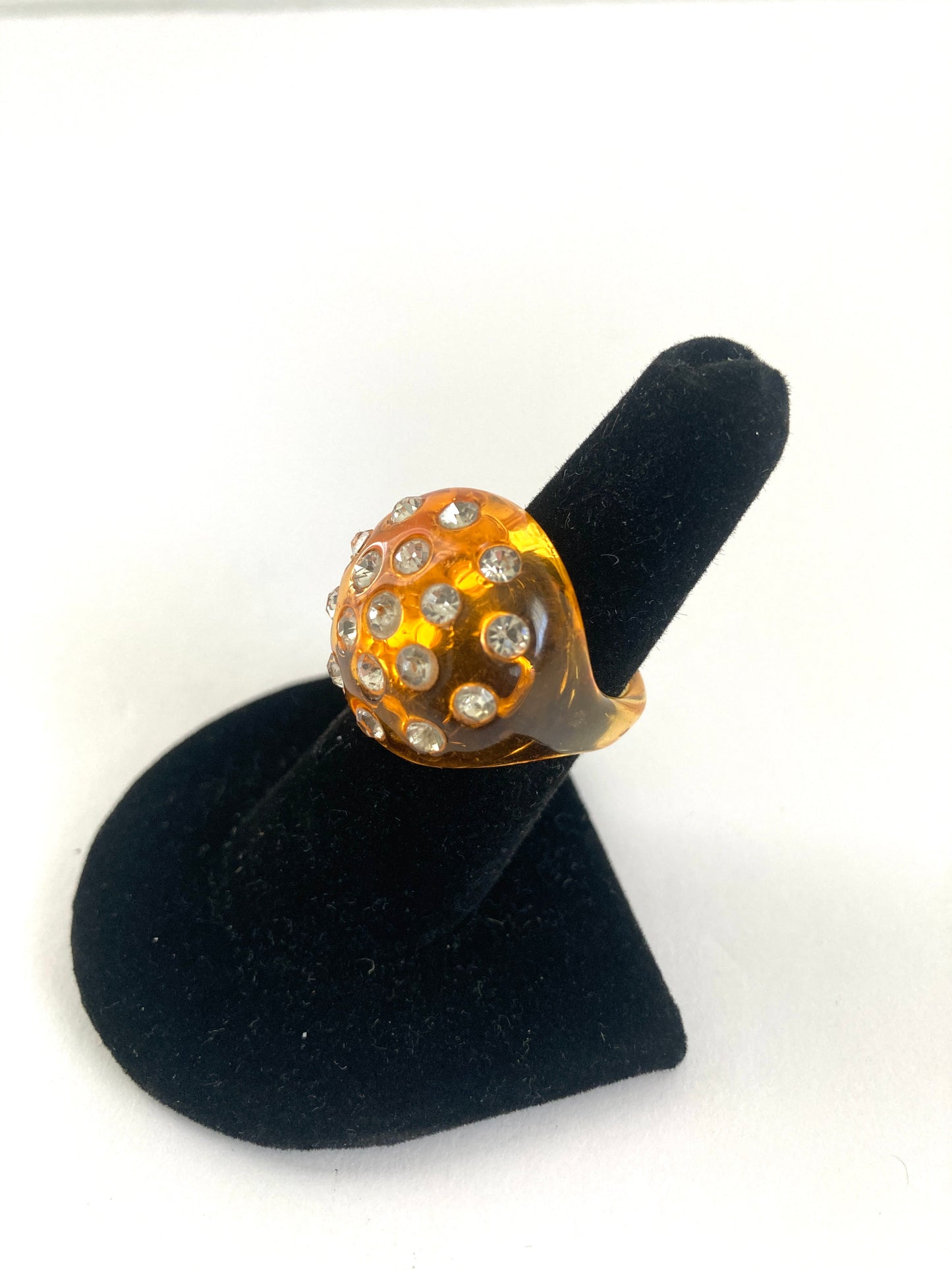 Amber Lucite and Rhinestone Bubble Ring