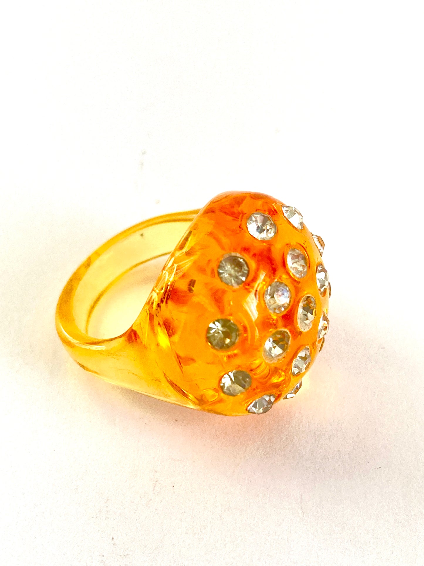 Amber Lucite and Rhinestone Bubble Ring