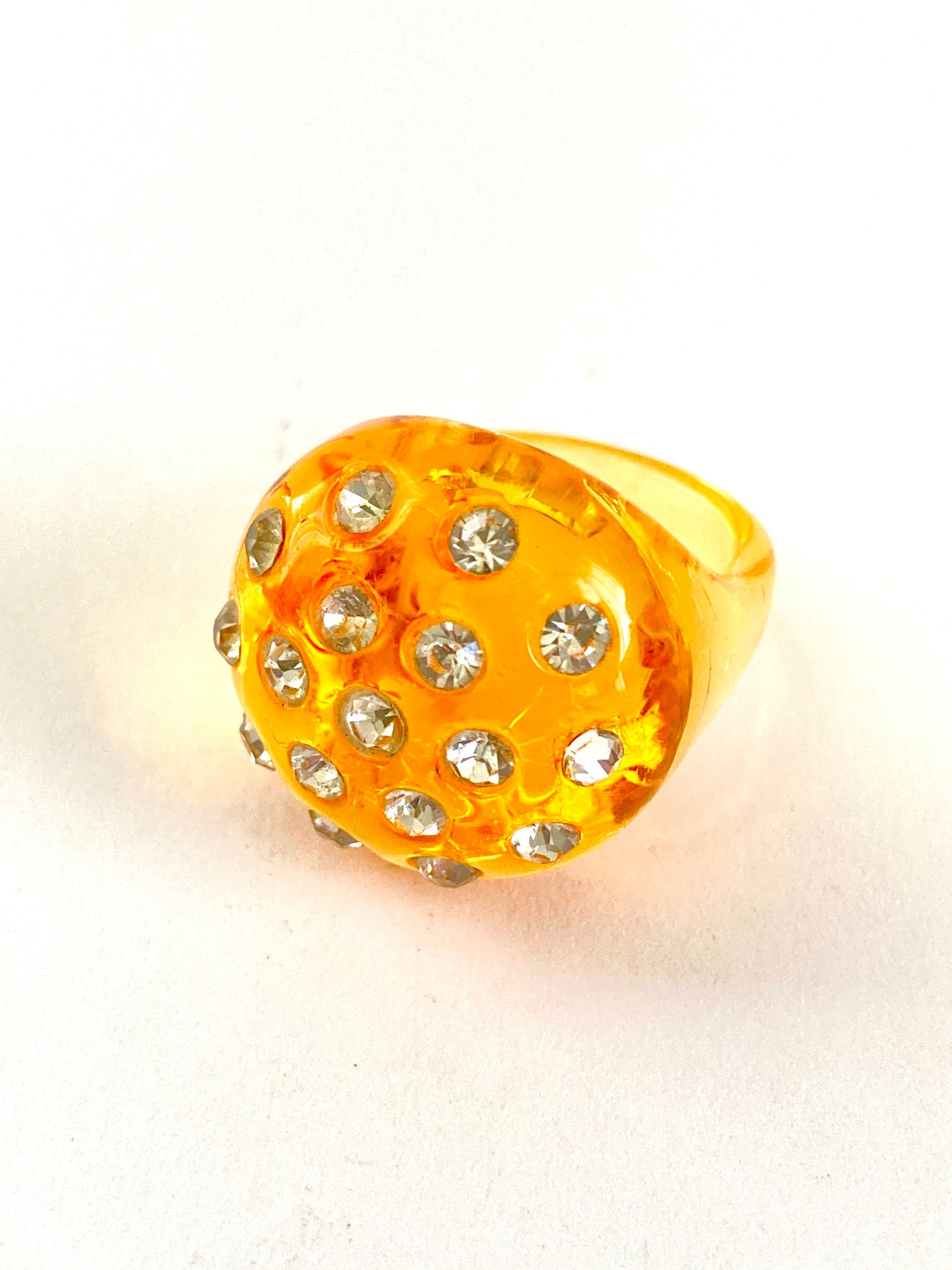 Amber Lucite and Rhinestone Bubble Ring