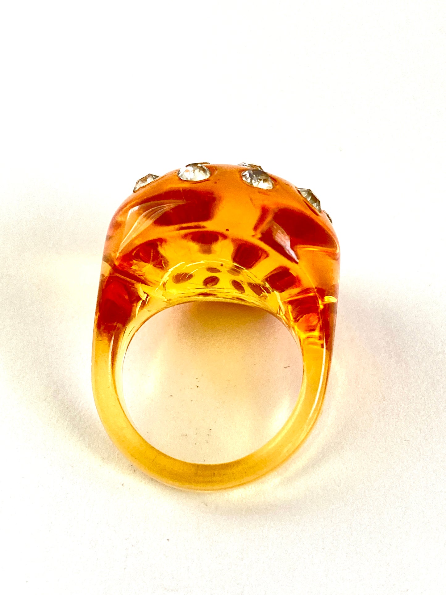 Amber Lucite and Rhinestone Bubble Ring