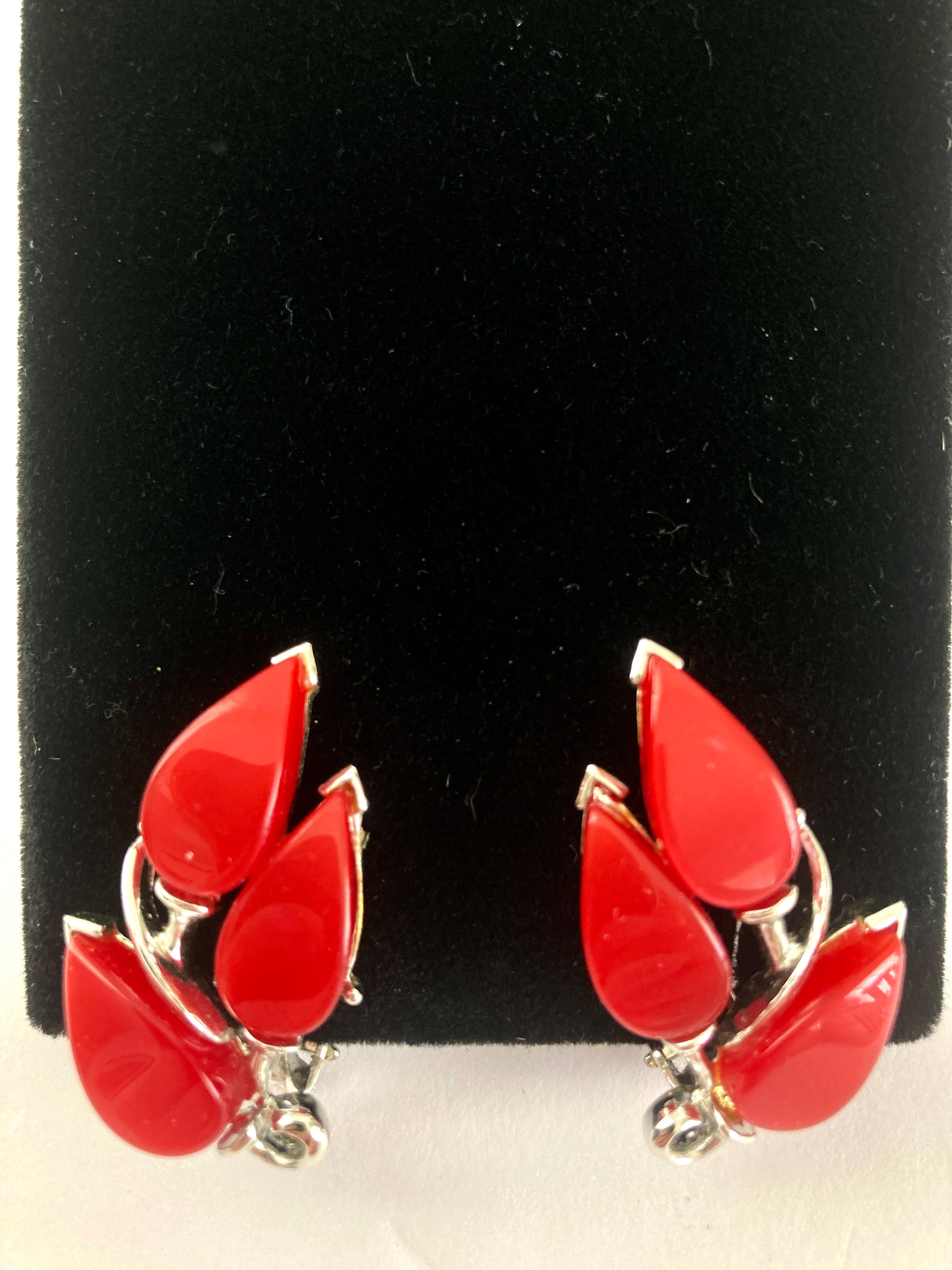 Red Thermoset Earrings Three Leaves