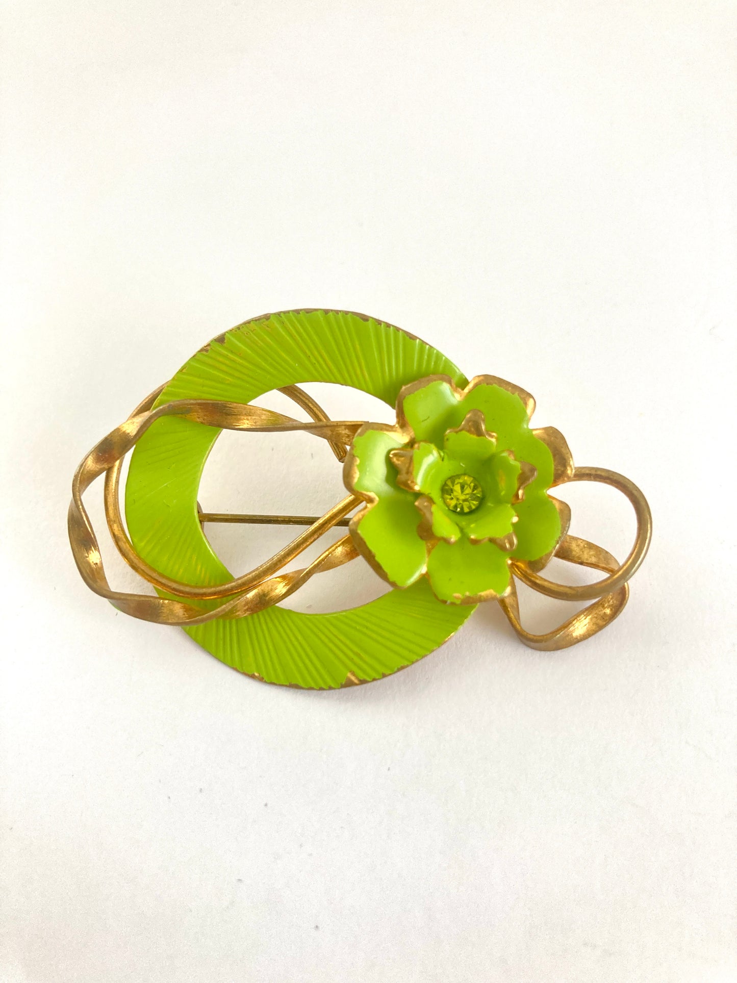 Green and Gold Tone Circle and Flower Brooch