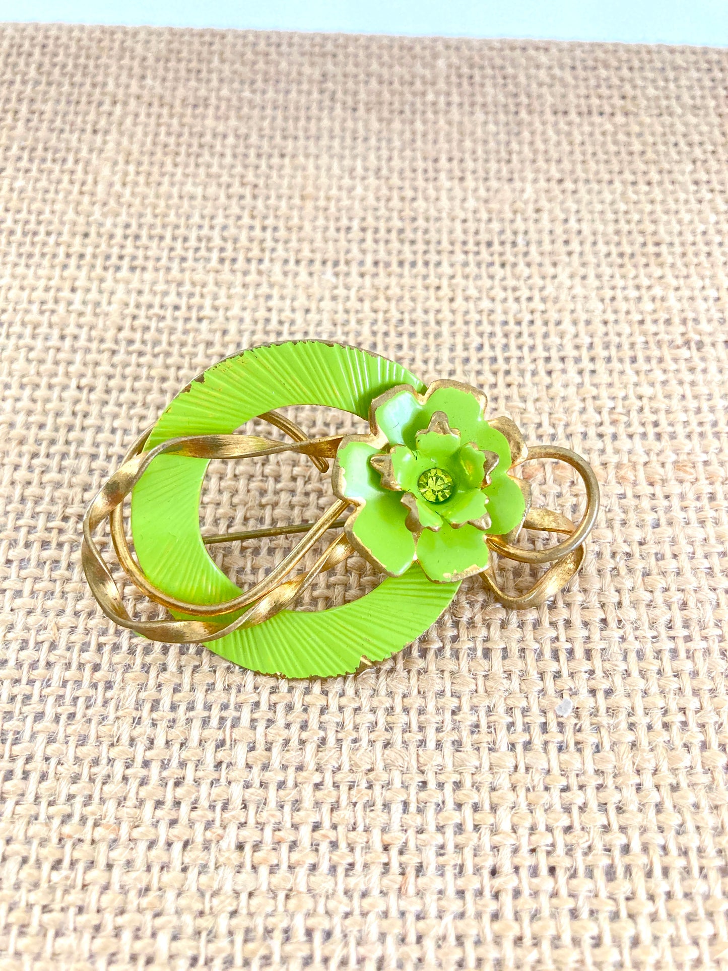 Green and Gold Tone Circle and Flower Brooch