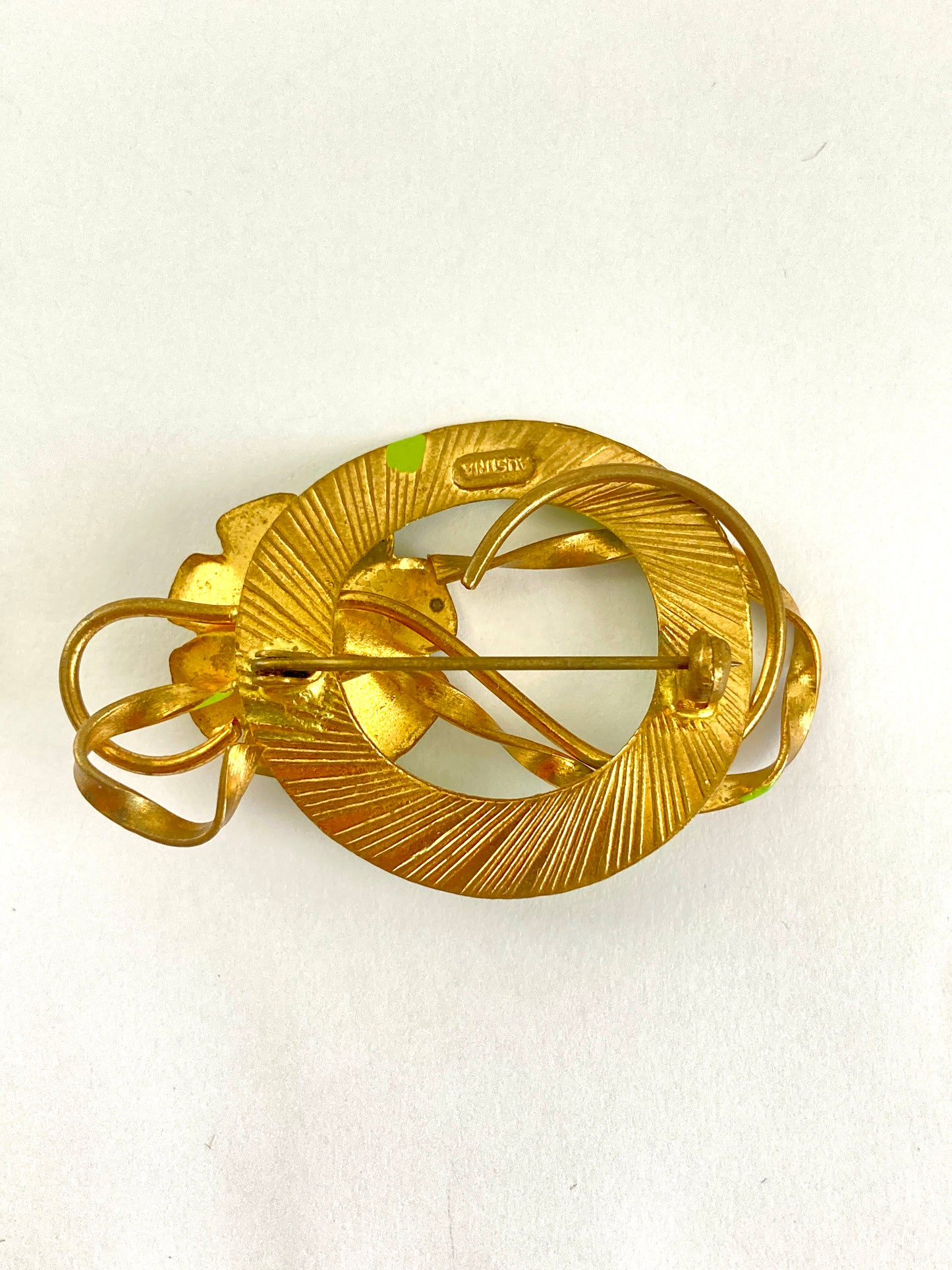 Green and Gold Tone Circle and Flower Brooch