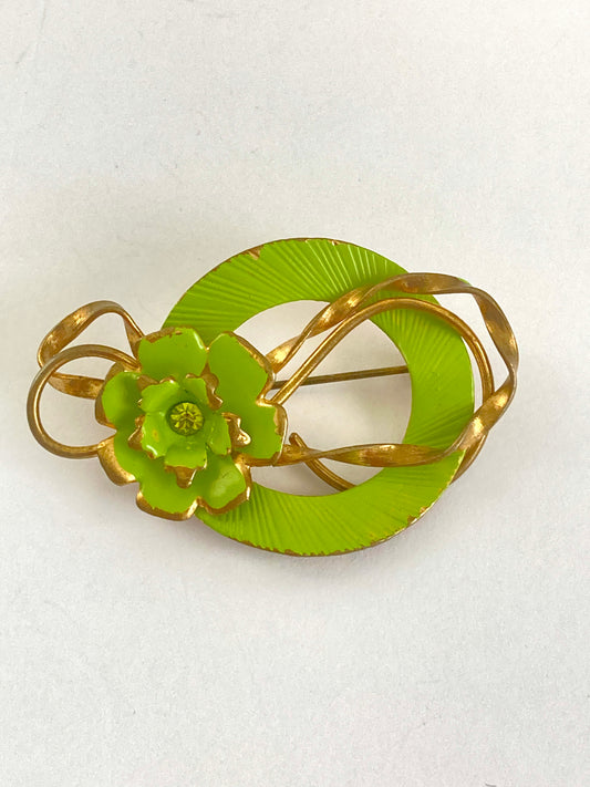 Green and Gold Tone Circle and Flower Brooch