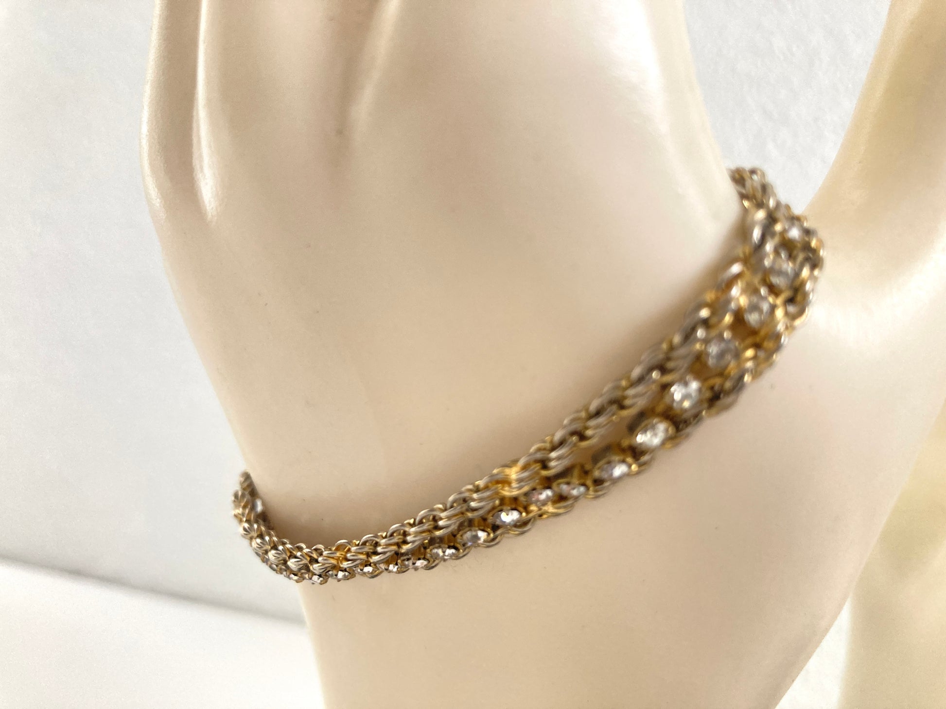 Double Gold Tone Rope Chain Rhinestone Tennis Bracelet