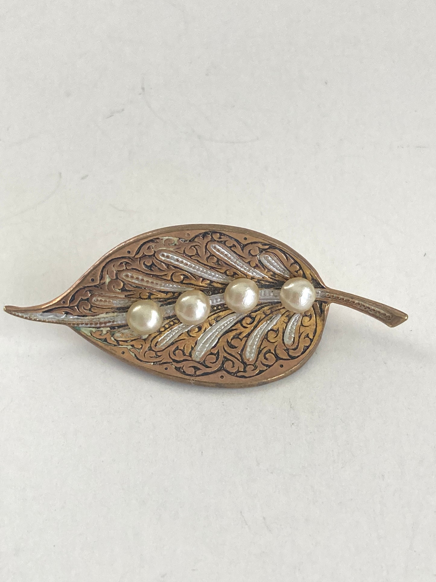 Damascene Leaf with Pearls Brooch Marked Spain