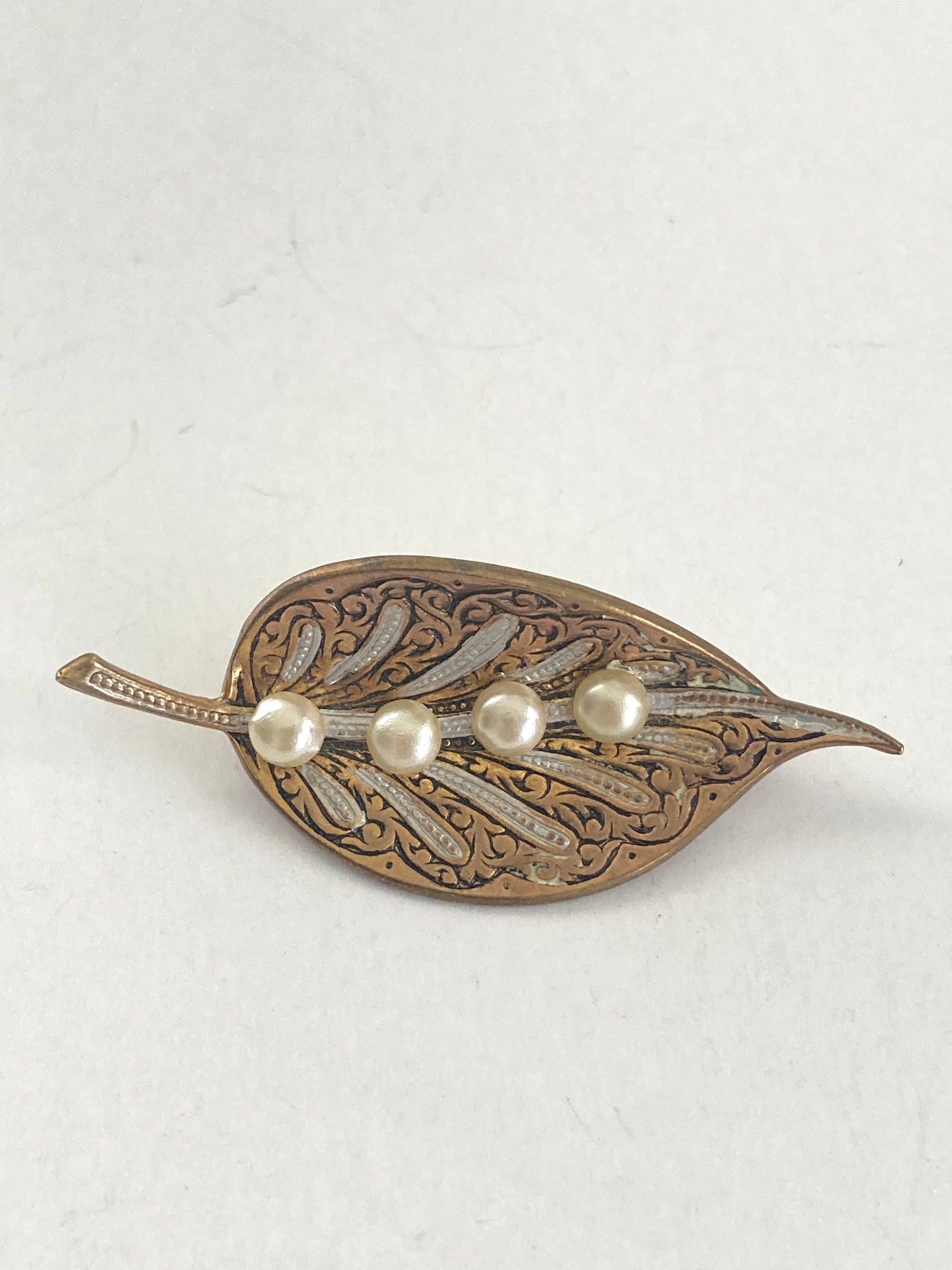 Damascene Leaf with Pearls Brooch Marked Spain