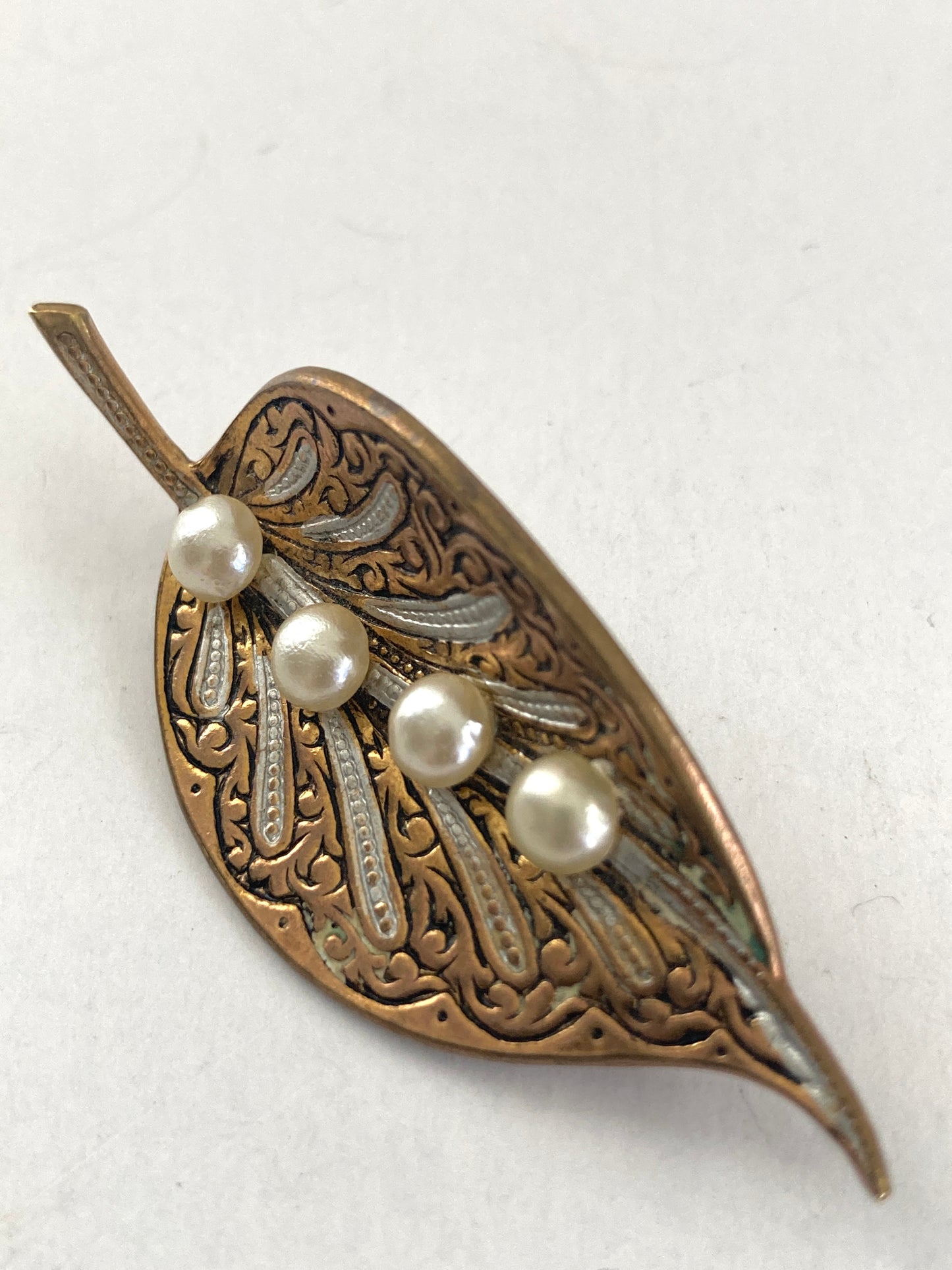 Damascene Leaf with Pearls Brooch Marked Spain