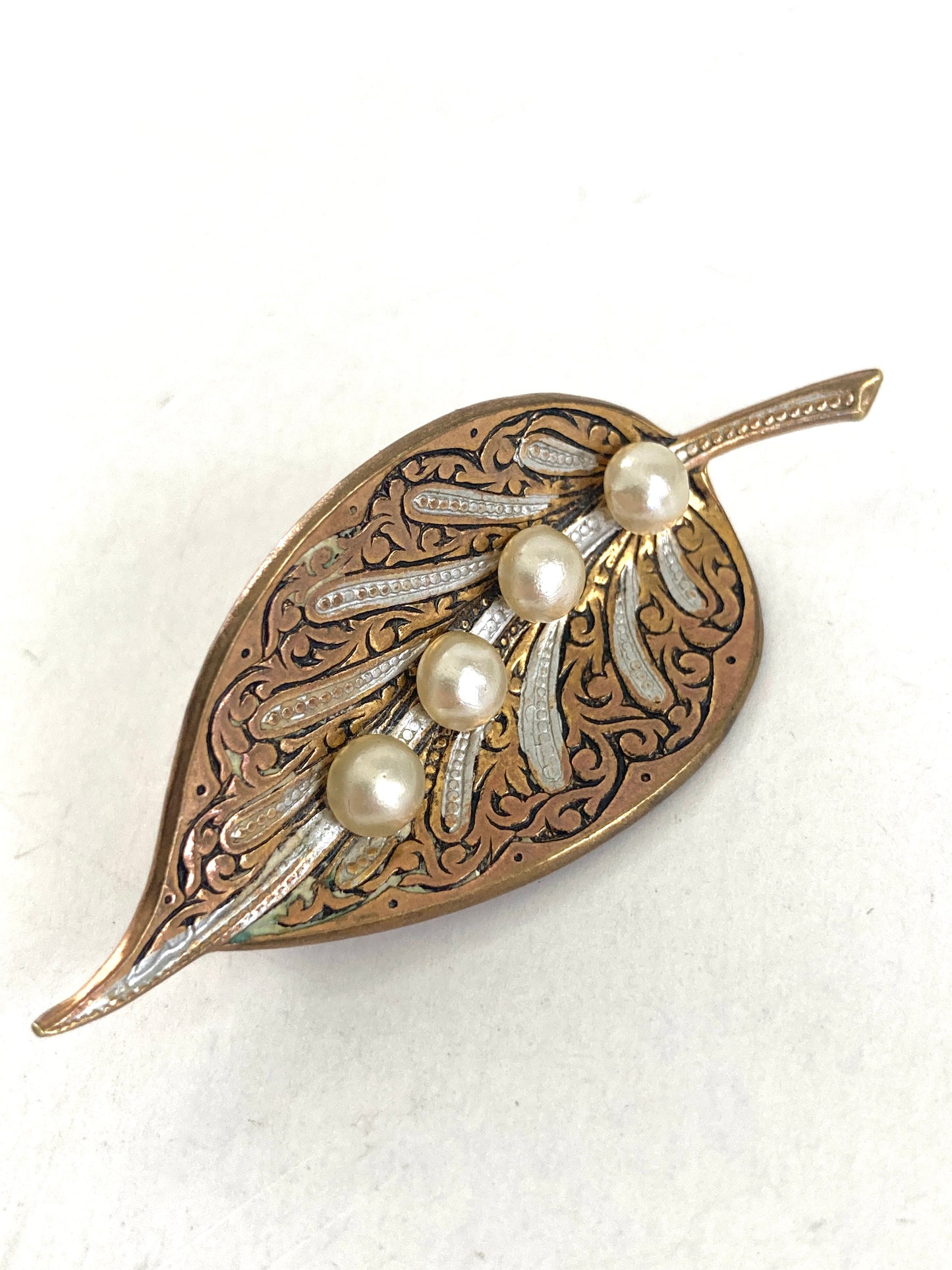 Damascene Leaf with Pearls Brooch Marked Spain