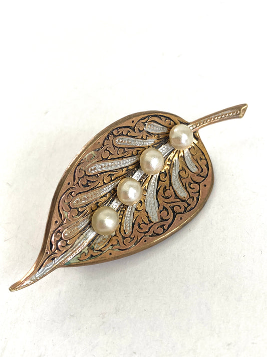 Damascene Leaf with Pearls Brooch Marked Spain