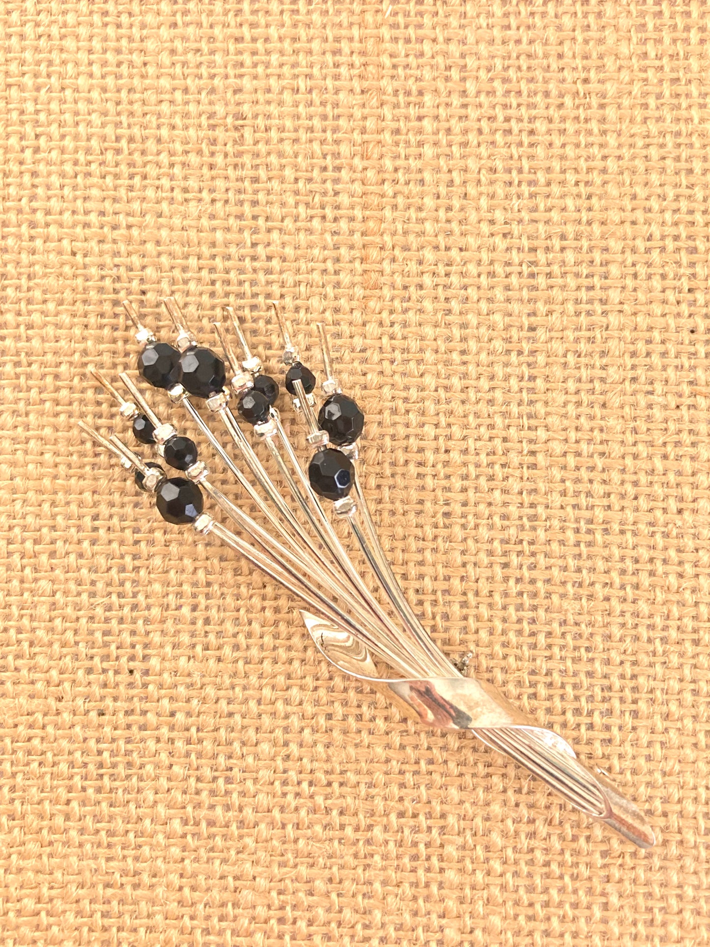 Silver Floral Spray Brooch with Black Beads