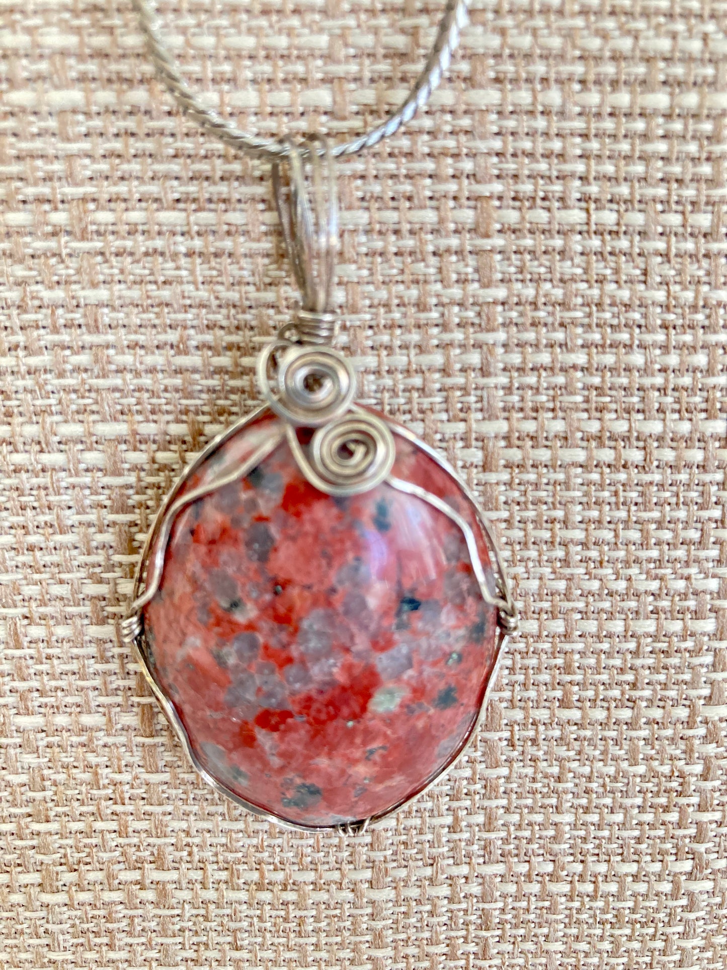 Wire Wrapped Polished Granite Pendant Necklace