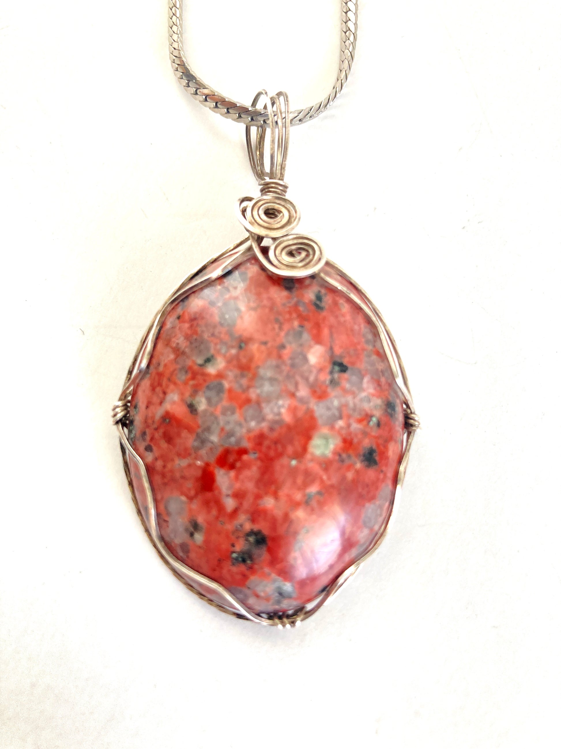 Wire Wrapped Polished Granite Pendant Necklace