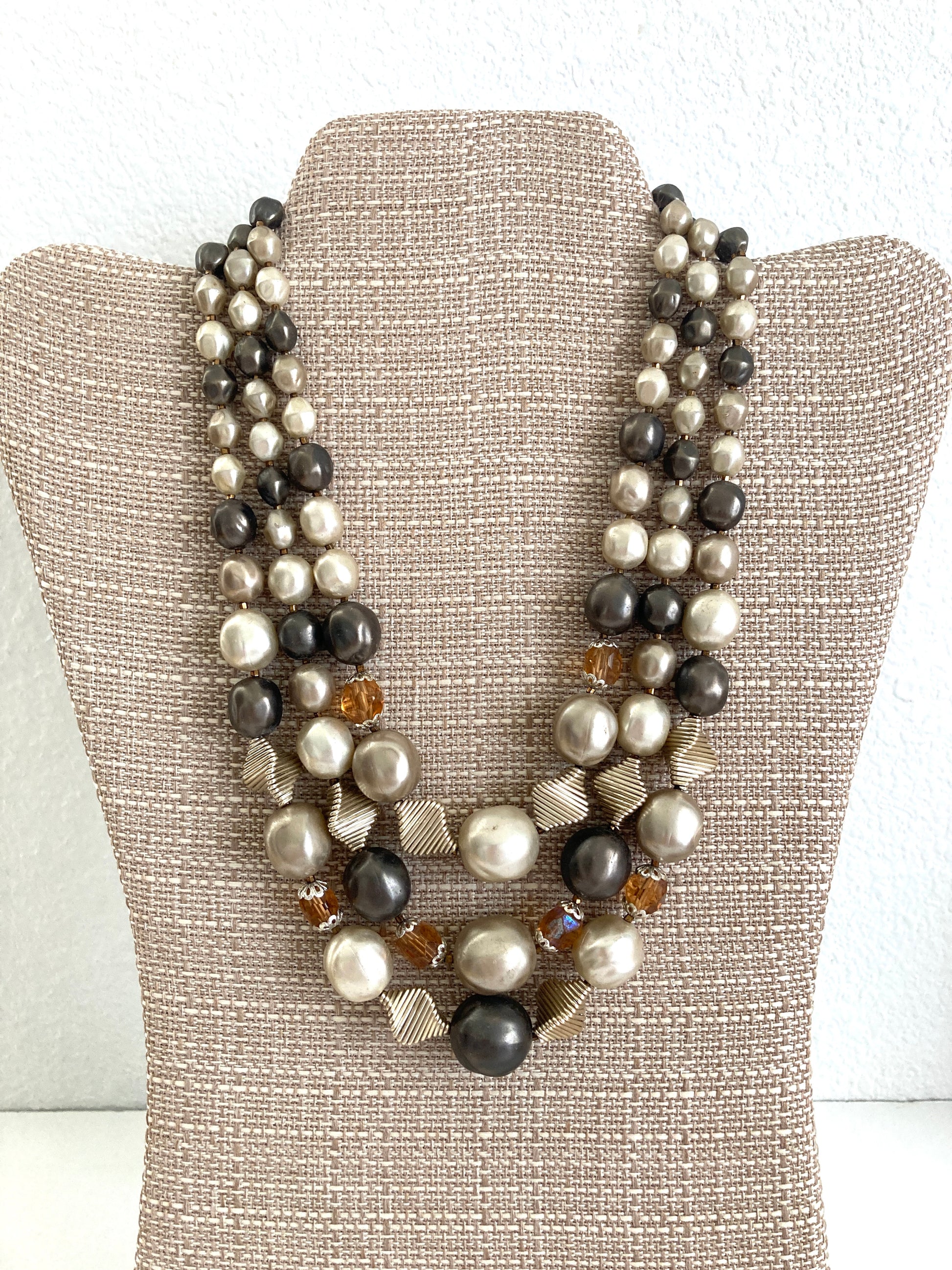 Mid Century Three Strand Beaded Necklace marked Japan