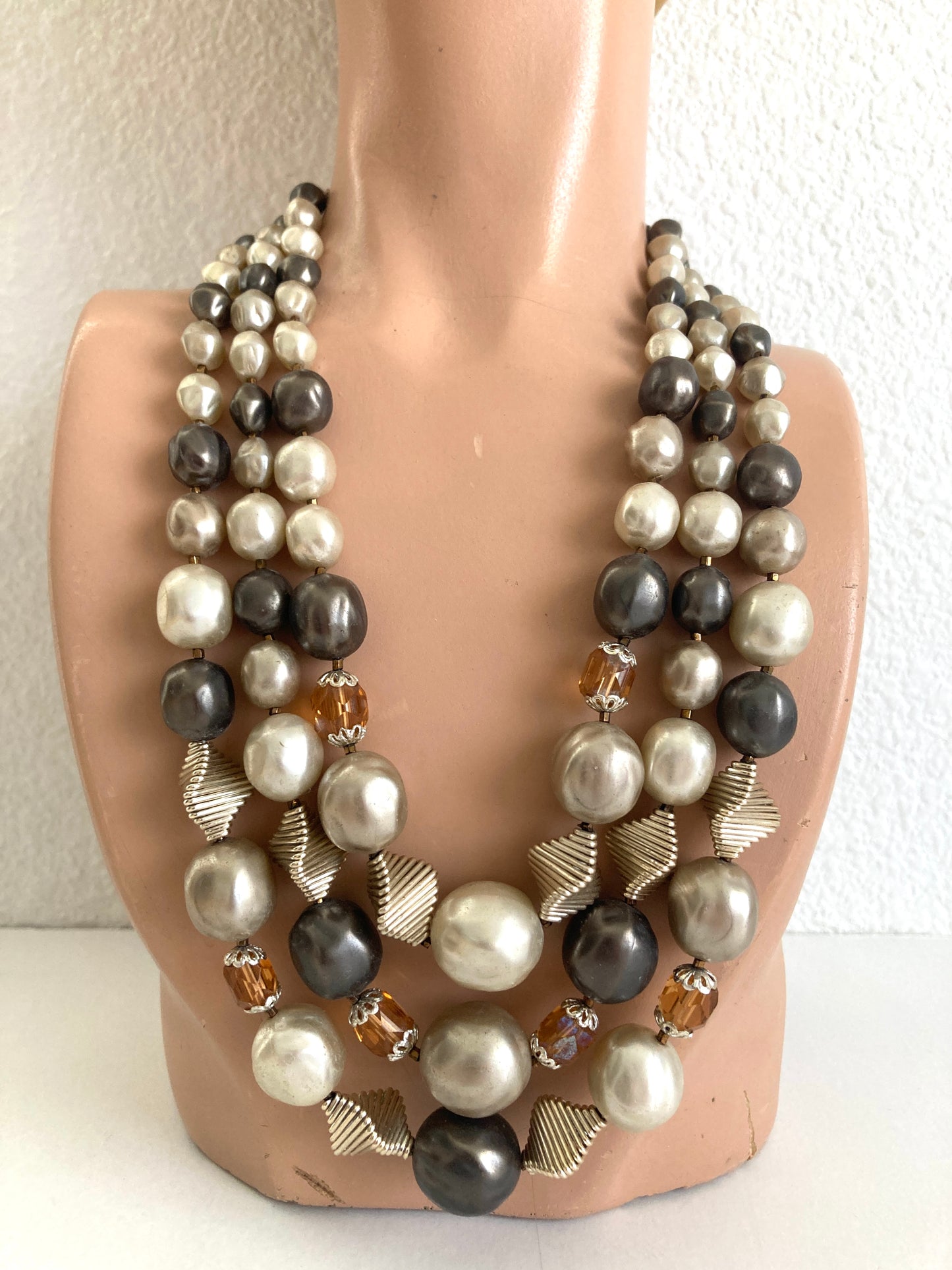 Mid Century Three Strand Beaded Necklace marked Japan