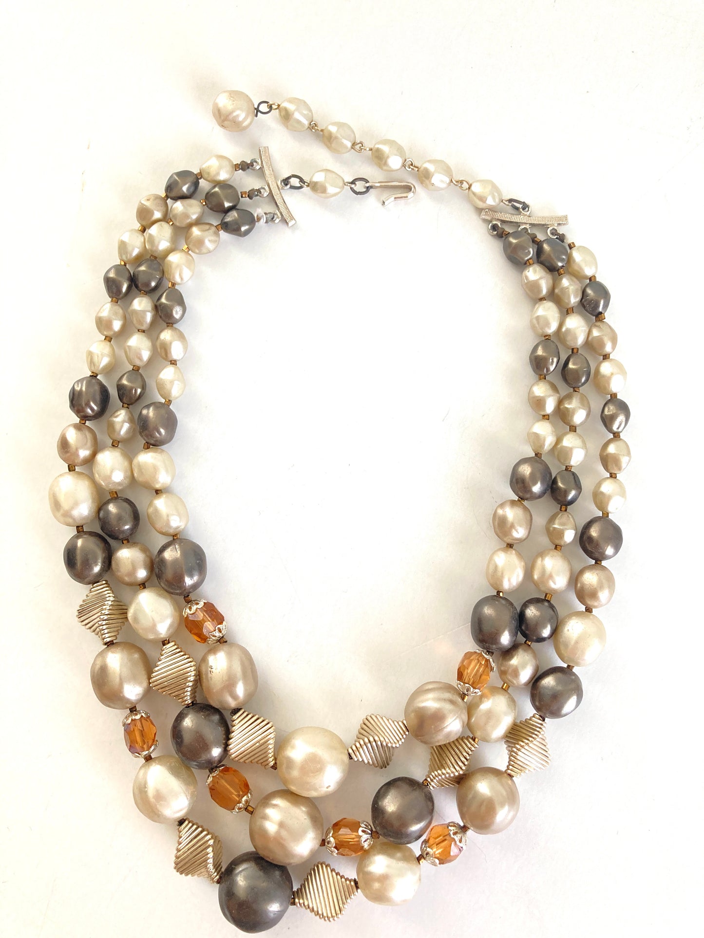 Mid Century Three Strand Beaded Necklace marked Japan