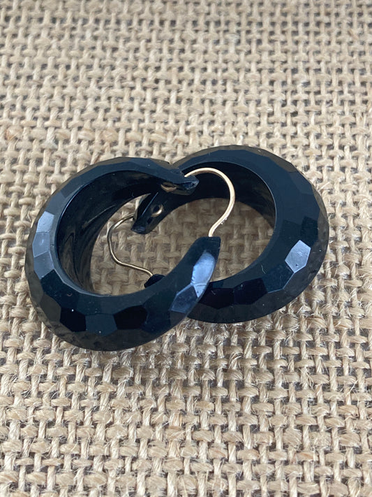 Black Faceted Small Hoop Earrings Pierced