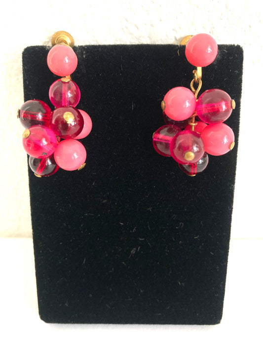 Pink Dangle Cluster Earrings Screw Back