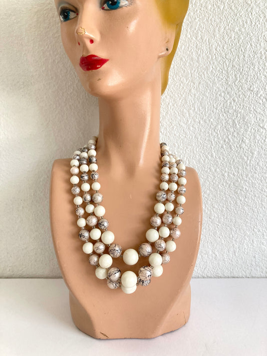 Three Strand Necklace in Taupe and White