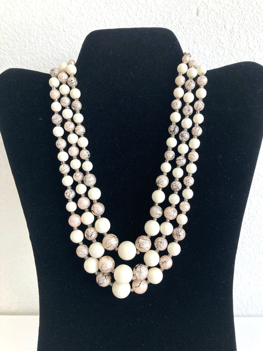 Three Strand Necklace in Taupe and White