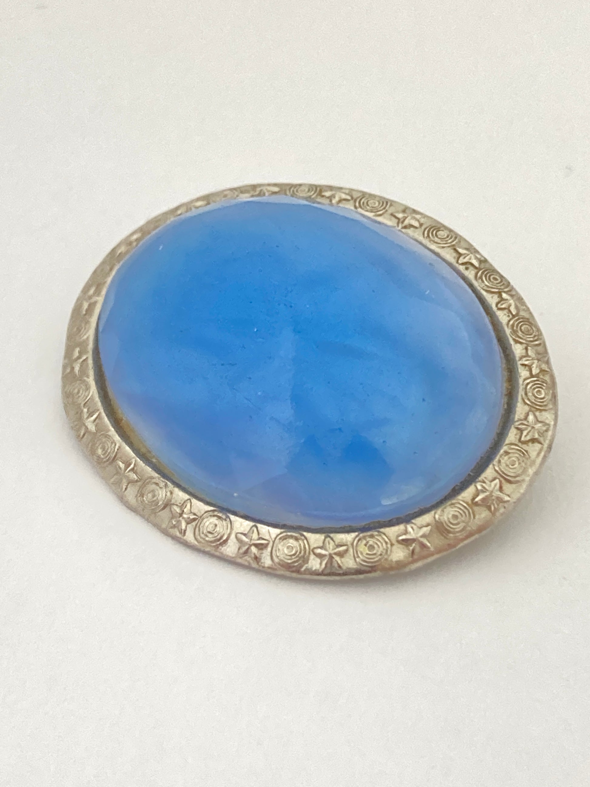 Blue Star Sapphire Glass Oval Brooch w/ Moon and Stars