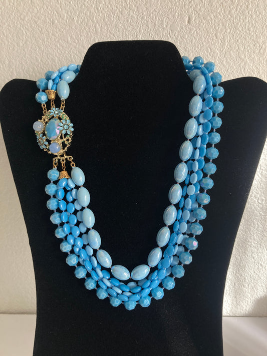 Blue Multi Strand Necklace w/ Decorative Clasp