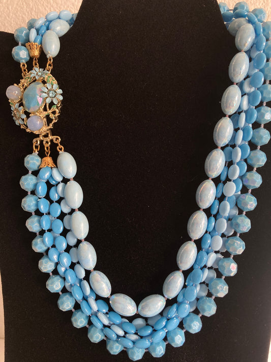 Blue Multi Strand Necklace w/ Decorative Clasp