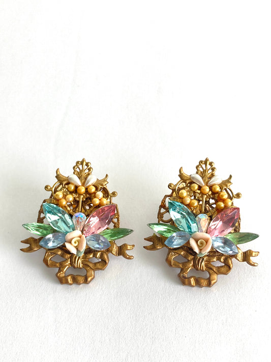 Brass Filigree Crystal & Seed Pearl Earrings by Katrina