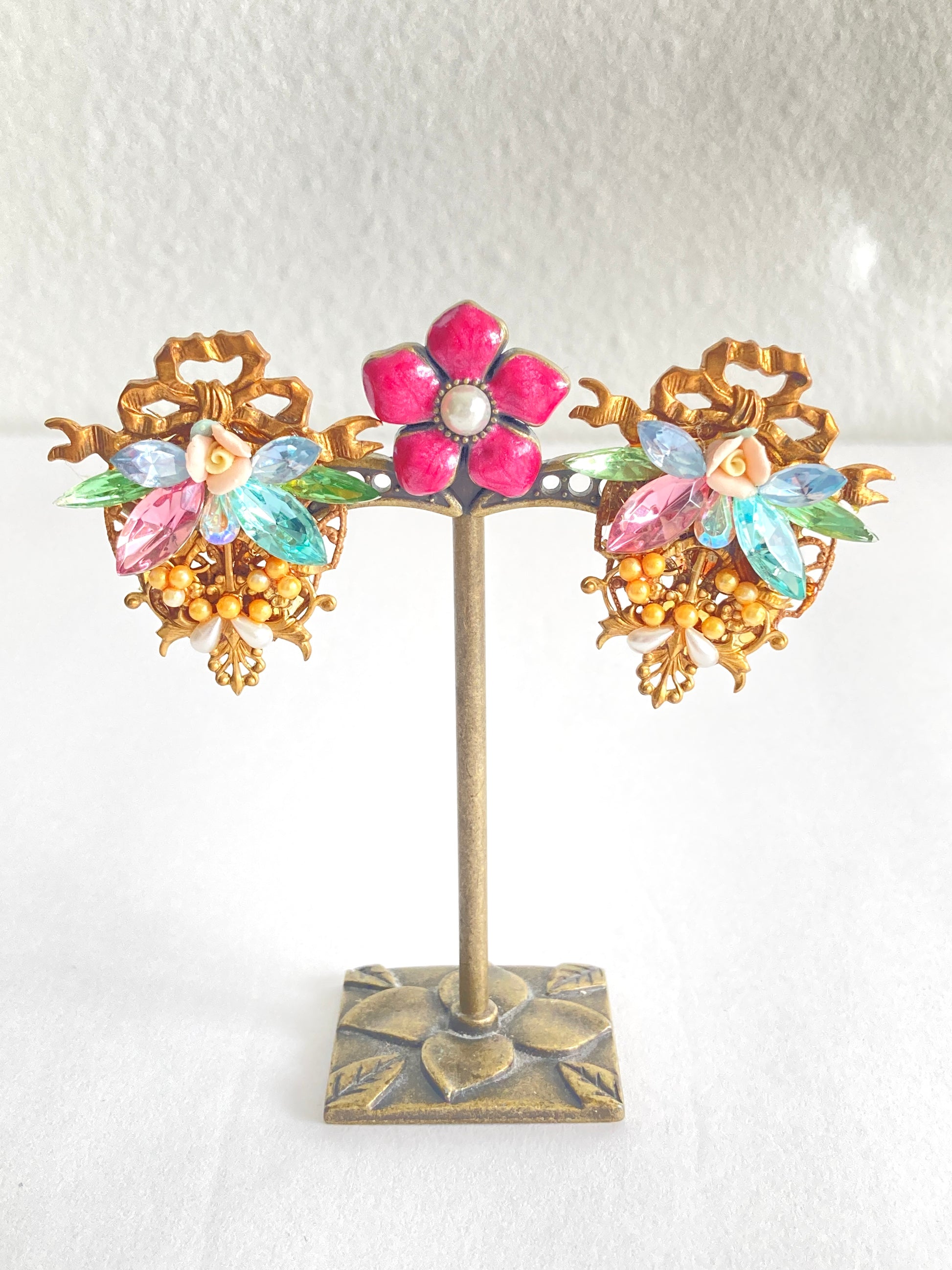 Brass Filigree Crystal & Seed Pearl Earrings by Katrina