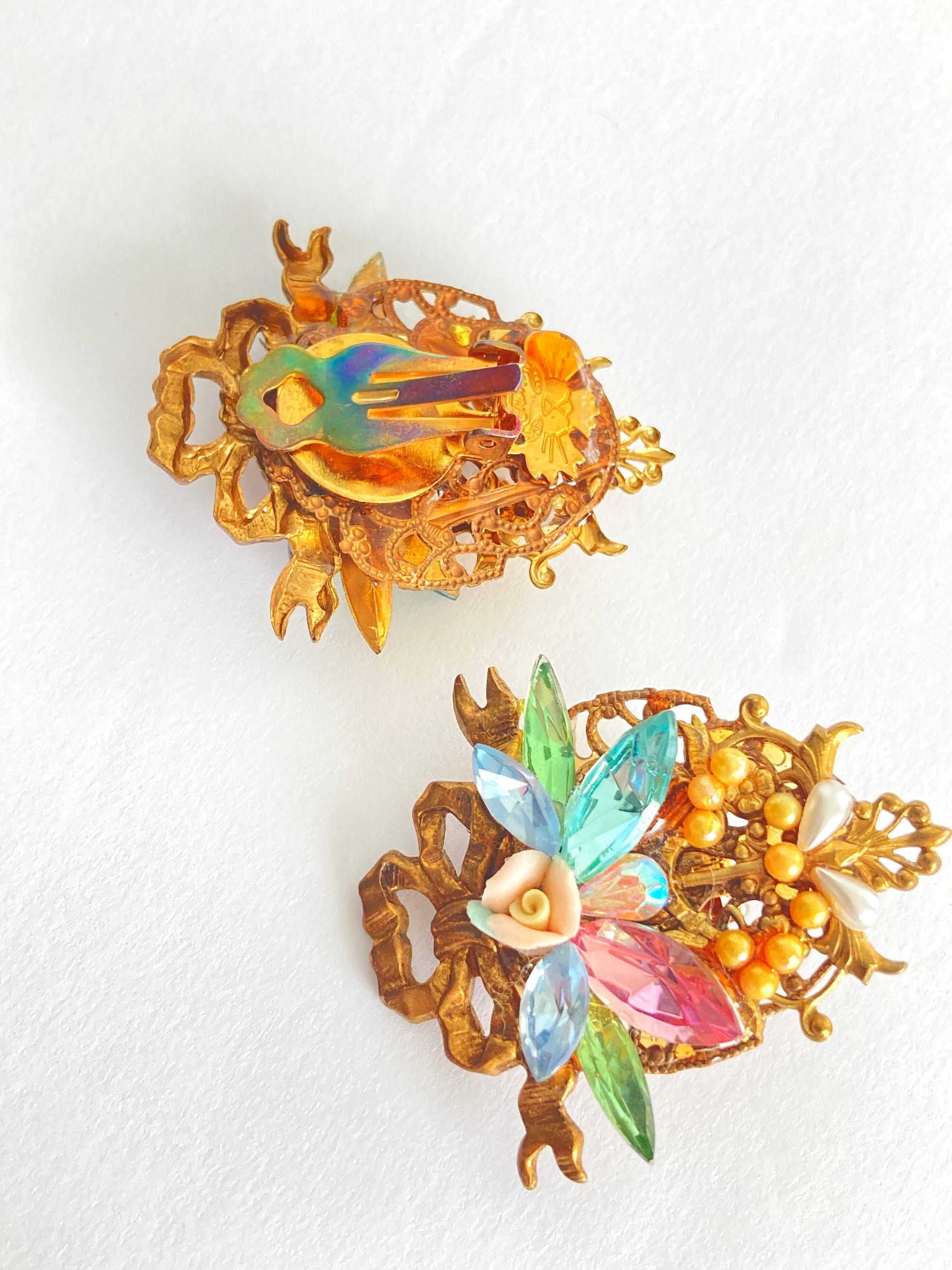 Brass Filigree Crystal & Seed Pearl Earrings by Katrina