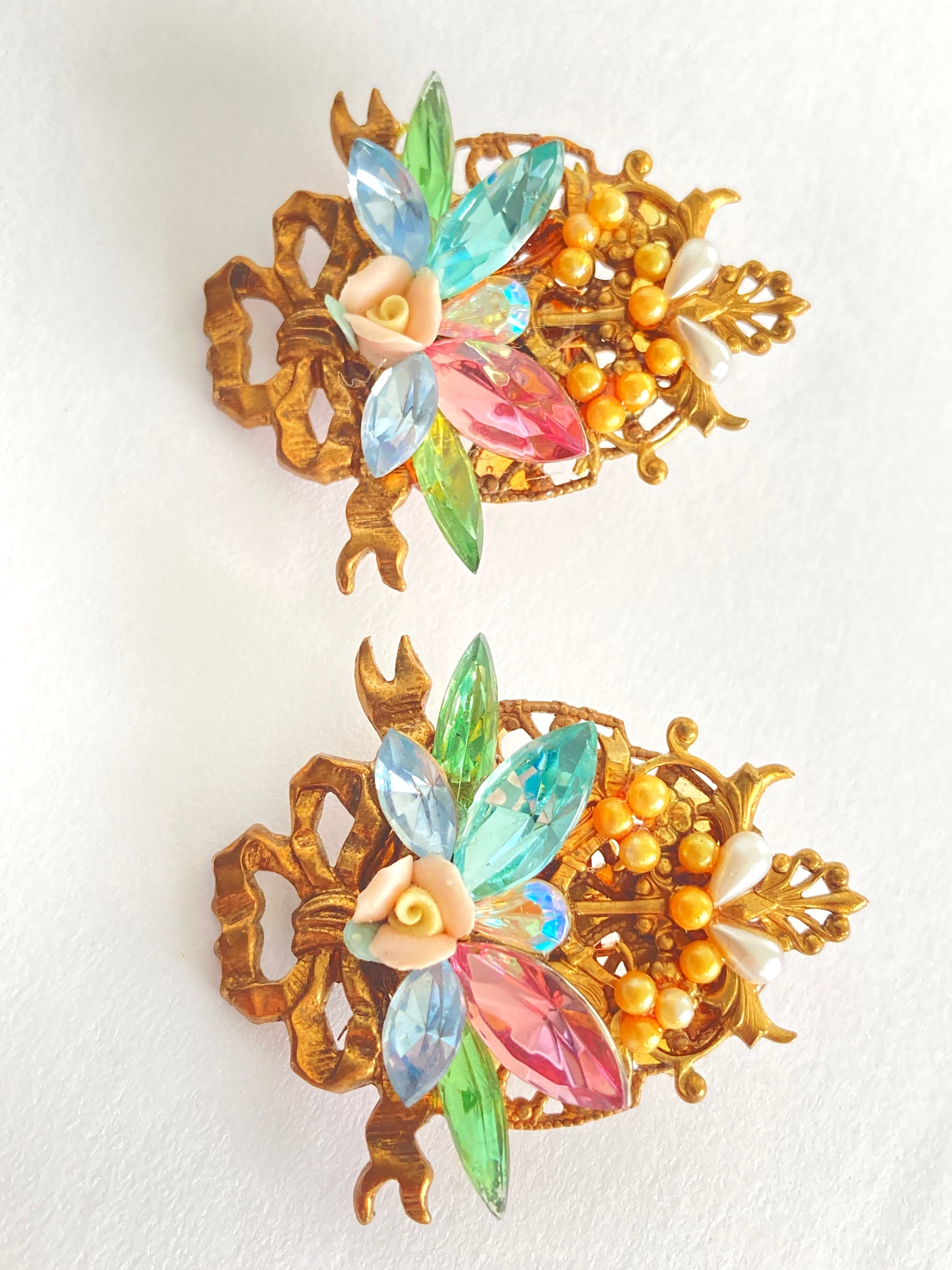 Brass Filigree Crystal & Seed Pearl Earrings by Katrina