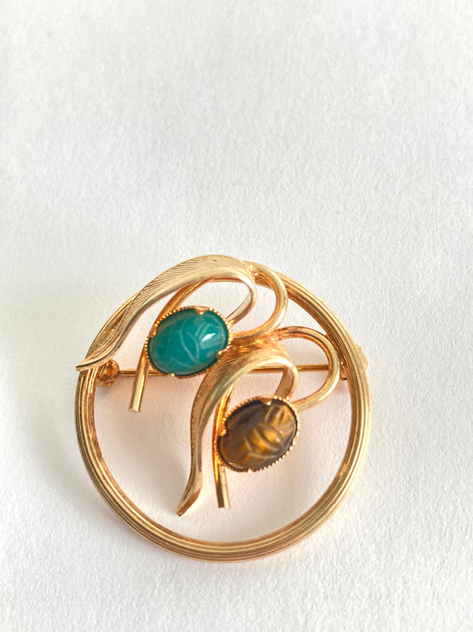 Egyptian Revival Circle Brooch w/ Scarabs 14k GF