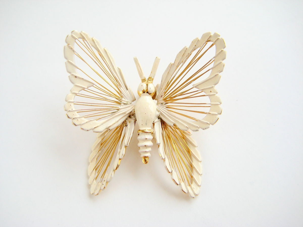 Monet Butterfly Brooch White & Gold