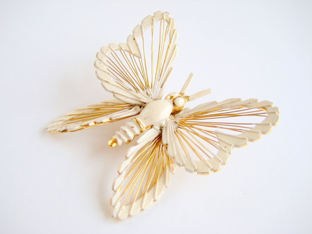 Monet Butterfly Brooch White & Gold