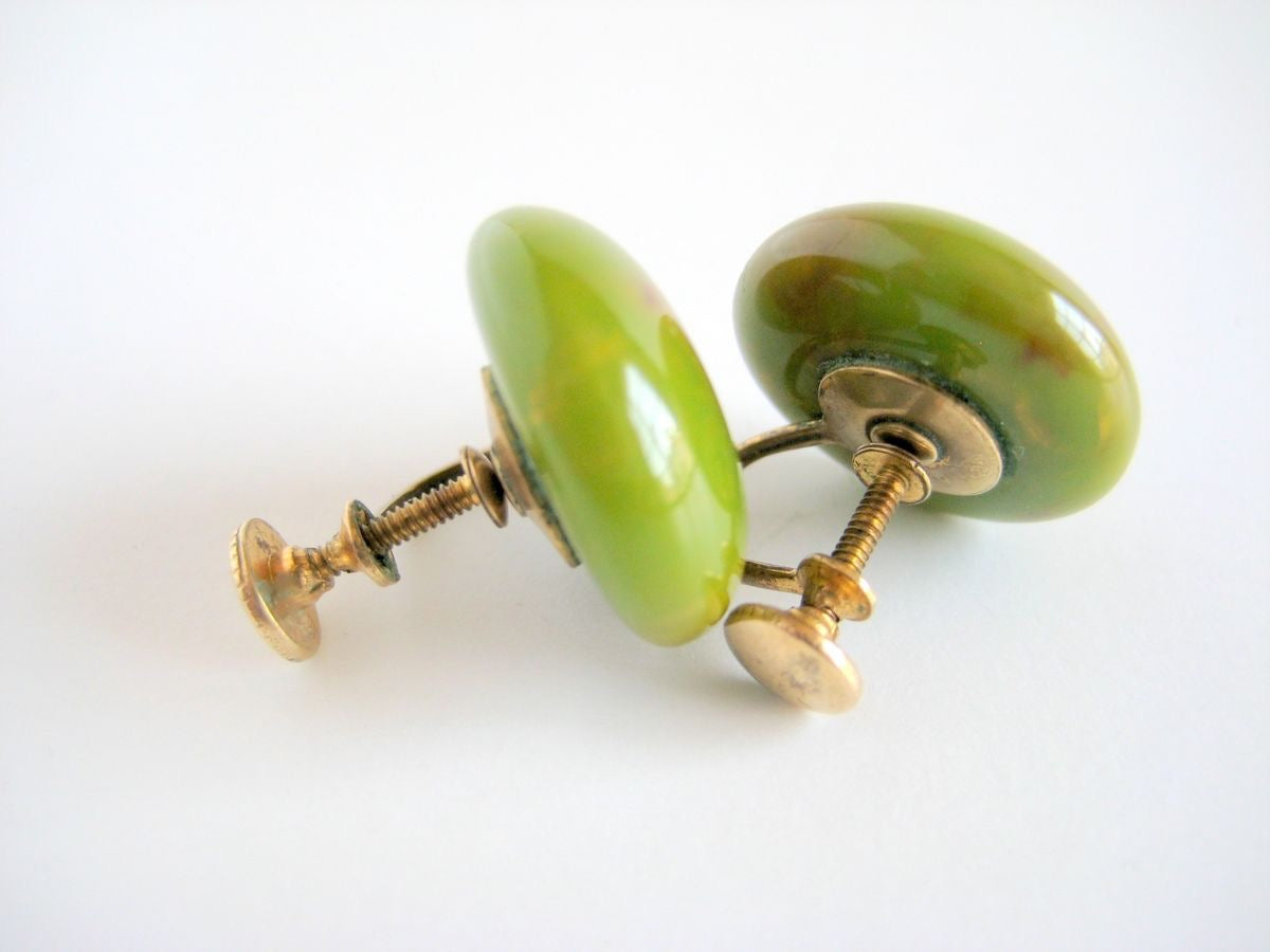 Bakelite Button Earrings Spinach Green