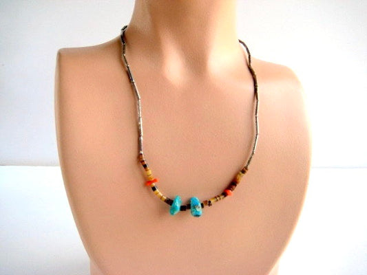 Vintage Silver Turquoise Coral and Heshi Necklace