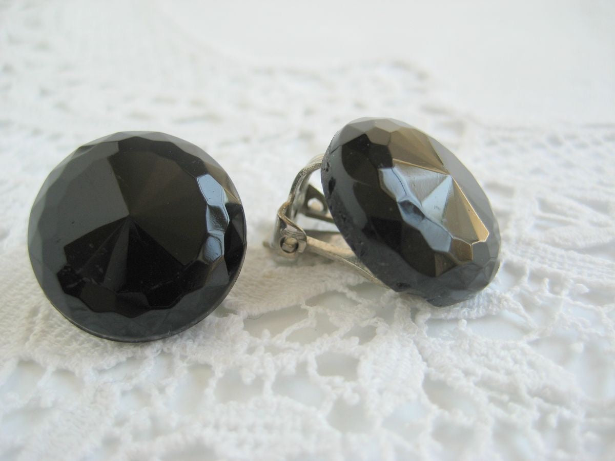 Vintage Black Faceted Glass Button Earrings