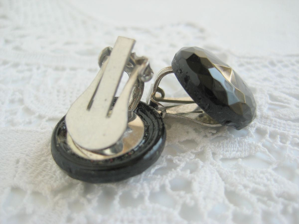 Vintage Black Faceted Glass Button Earrings