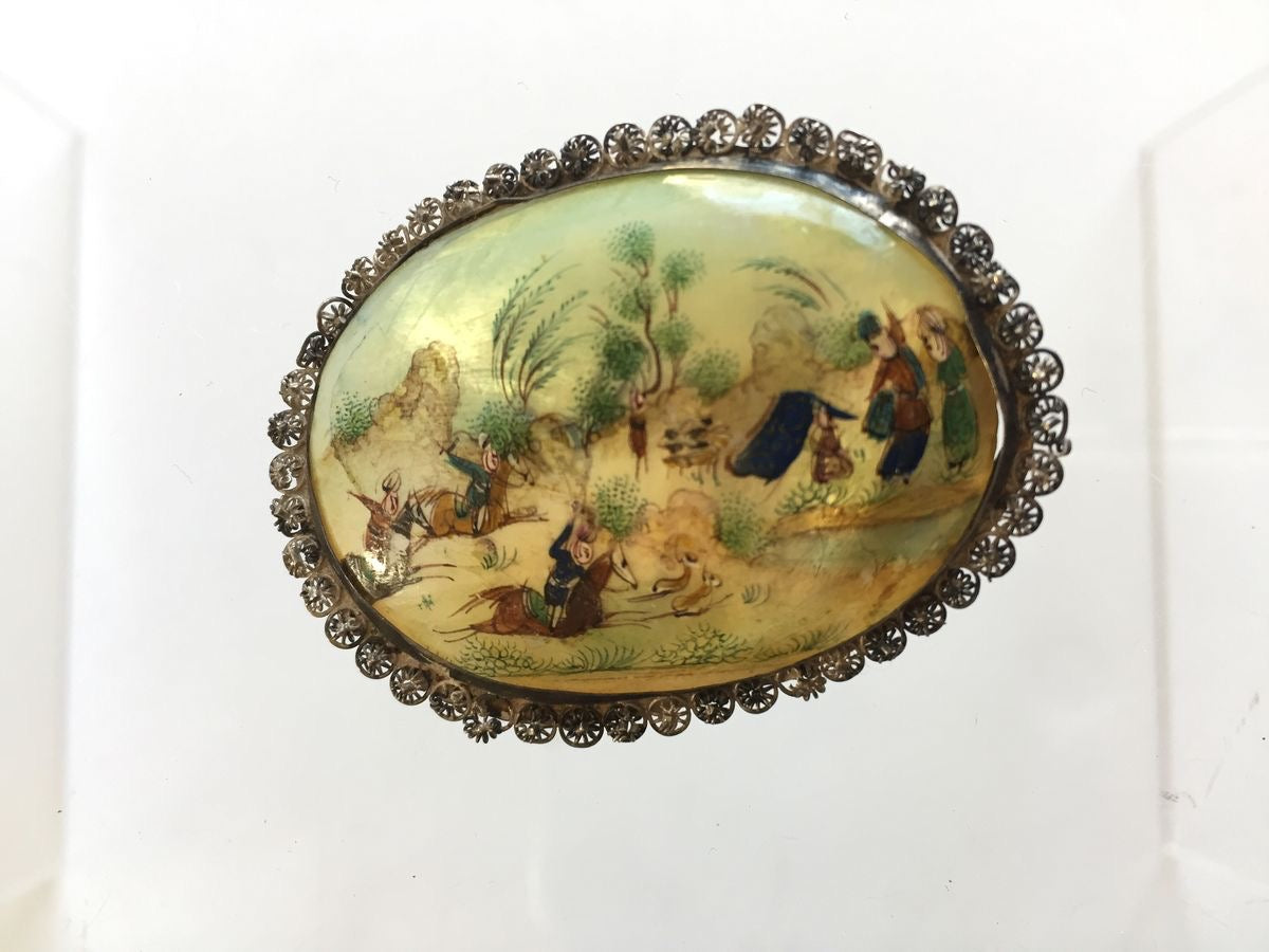 Vintage sea scene hotsell brooch painted on mother-of-pearl base with lacquer