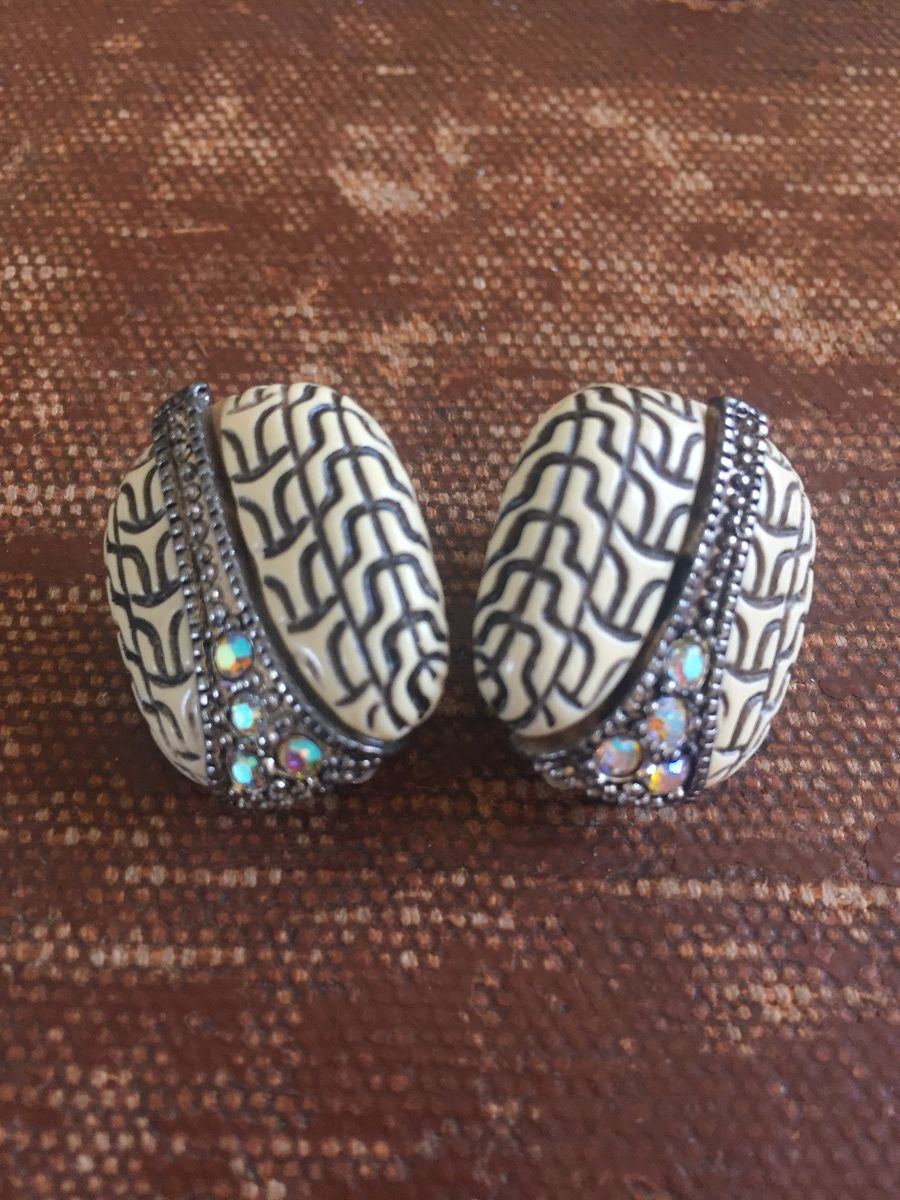 Carved Faux Ivory AB Rhinestone Earrings